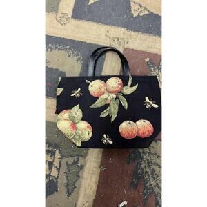 Tapestry Purse Handbag Black Apple Fruit Bee Design Wood Handles Tote Bag